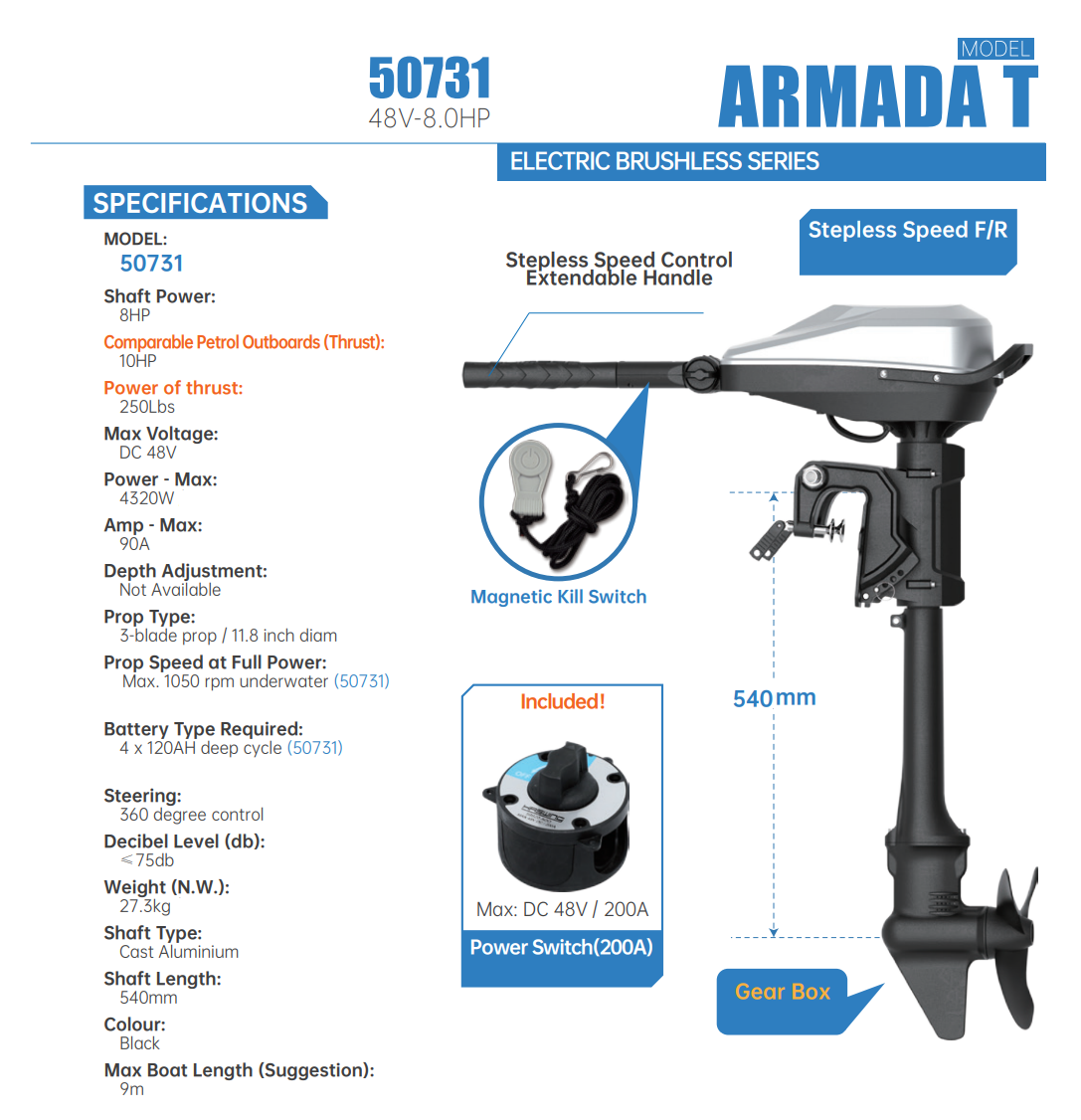 ARMADA T BRUSHLESS TROLLING MOTOR 48V 8HP