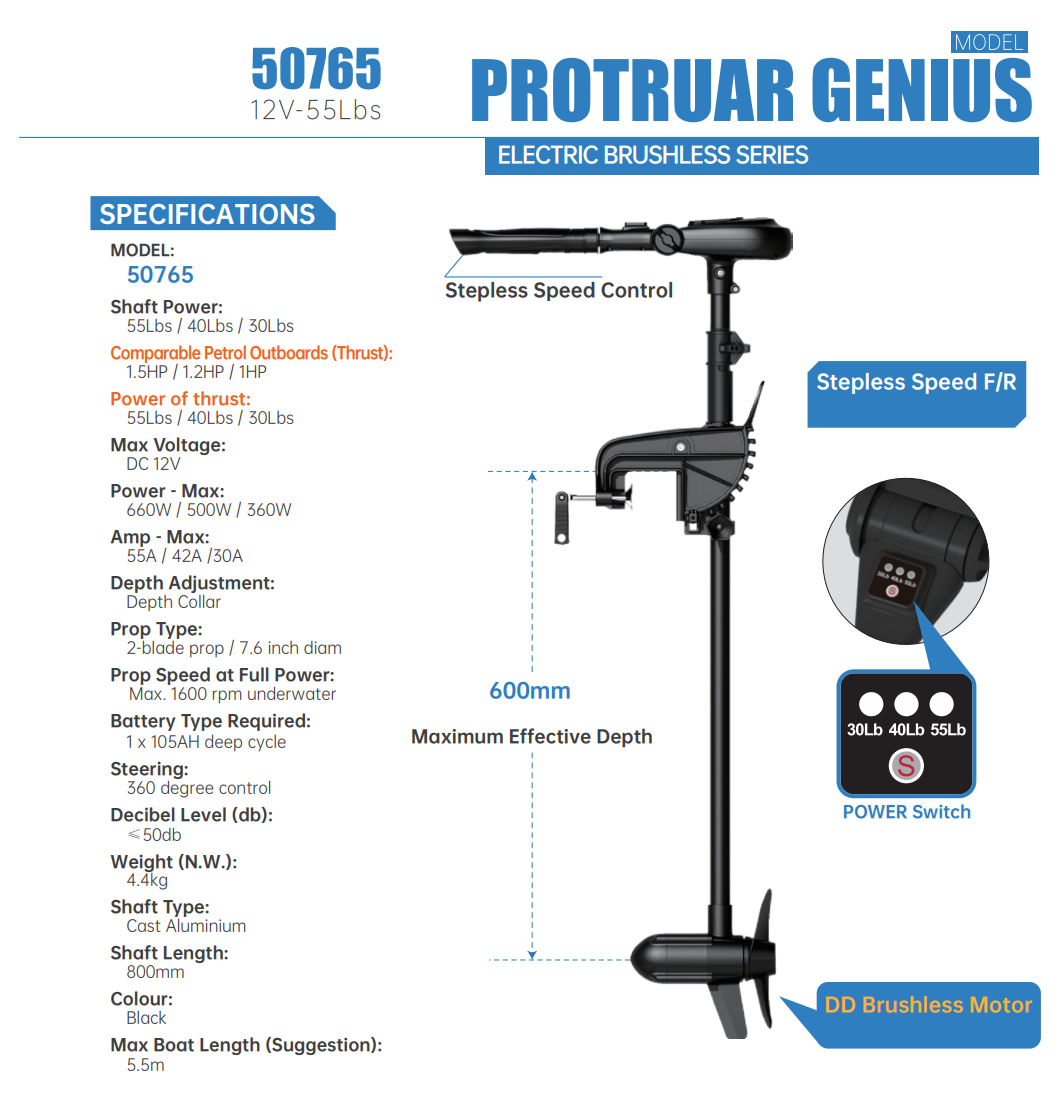 PROTRUAR GENIUS BRUSHLESS MOTOR 12V SELECTABLE LBS 30, 40, 55