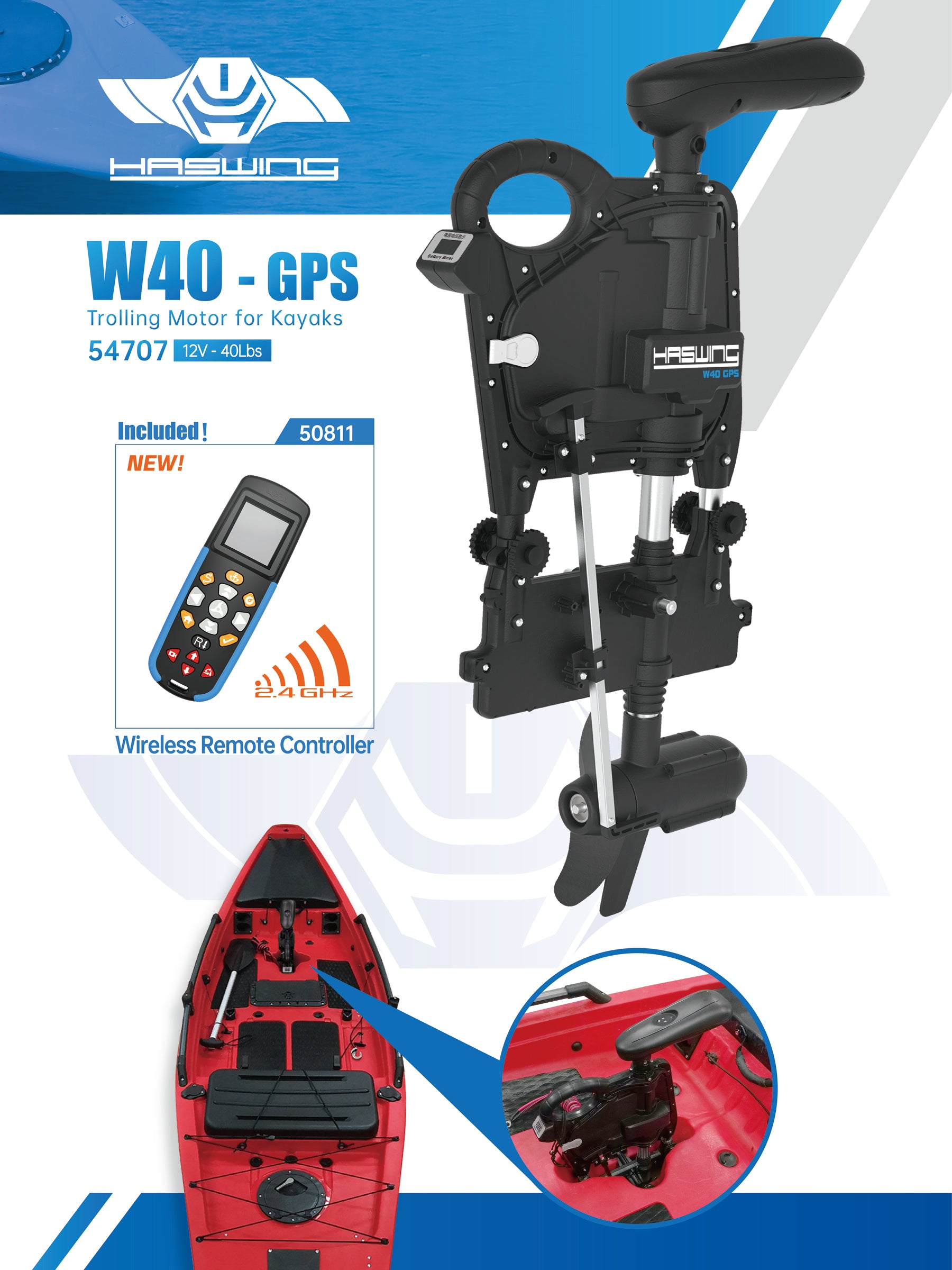 W40 GPS KAYAK BRUSHLESS MOTOR 12V-40Lbs