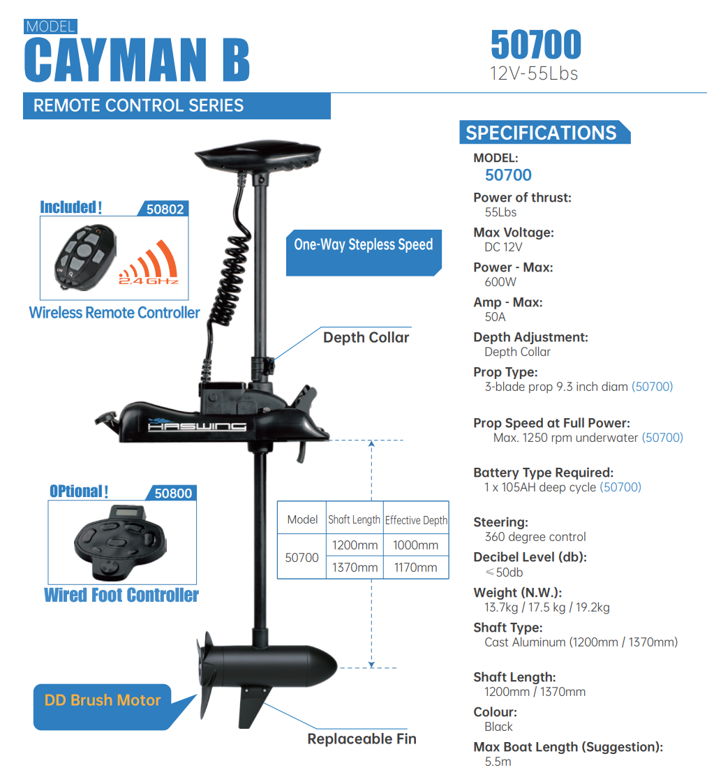 CAYMAN BOW MOUNT TROLLING MOTOR 12V 55Lbs (LIKE NEW)