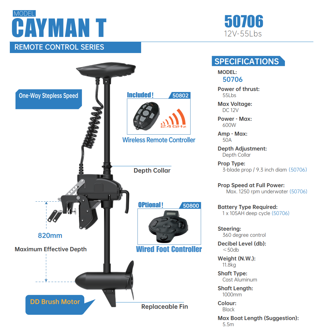 CAYMAN T TRANSOM MOUNT TROLLING MOTOR 12V 55Lbs (OPEN BOX)