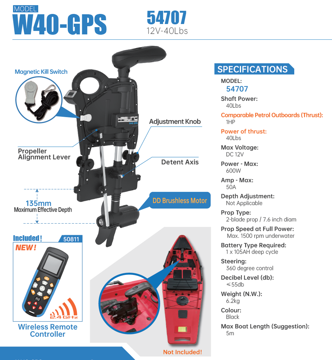 W40 GPS KAYAK BRUSHLESS MOTOR 12V-40Lbs